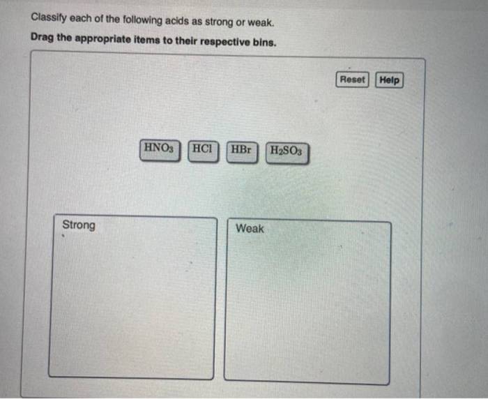 Classify each of the following acids as strong or weak